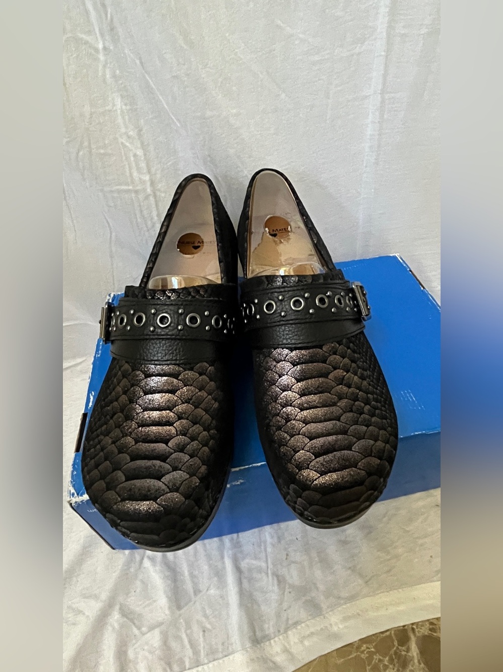 Nurse Mates Black Brown Metallic Medical Professional Clogs with Studded Strap12